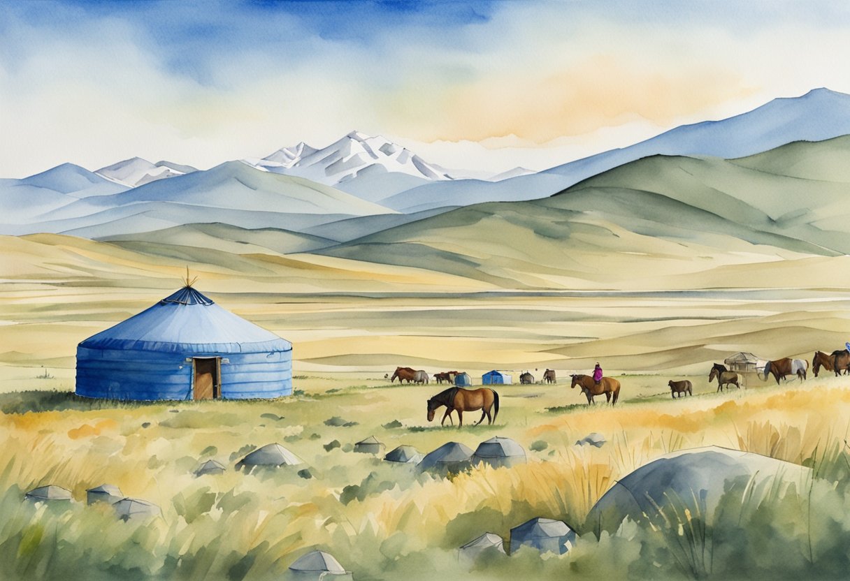 A traditional Mongolian ger surrounded by vast grasslands, with a backdrop of the Altai mountains. A nomadic family's yurt, horses grazing nearby, and a clear blue sky