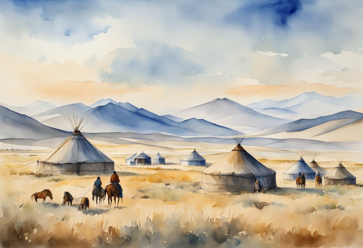 Vast Mongolian steppe with yurts, mountains, and horses. Nomadic culture, traditional clothing, and historical artifacts. Outdoor activities like horseback riding, archery, and eagle hunting