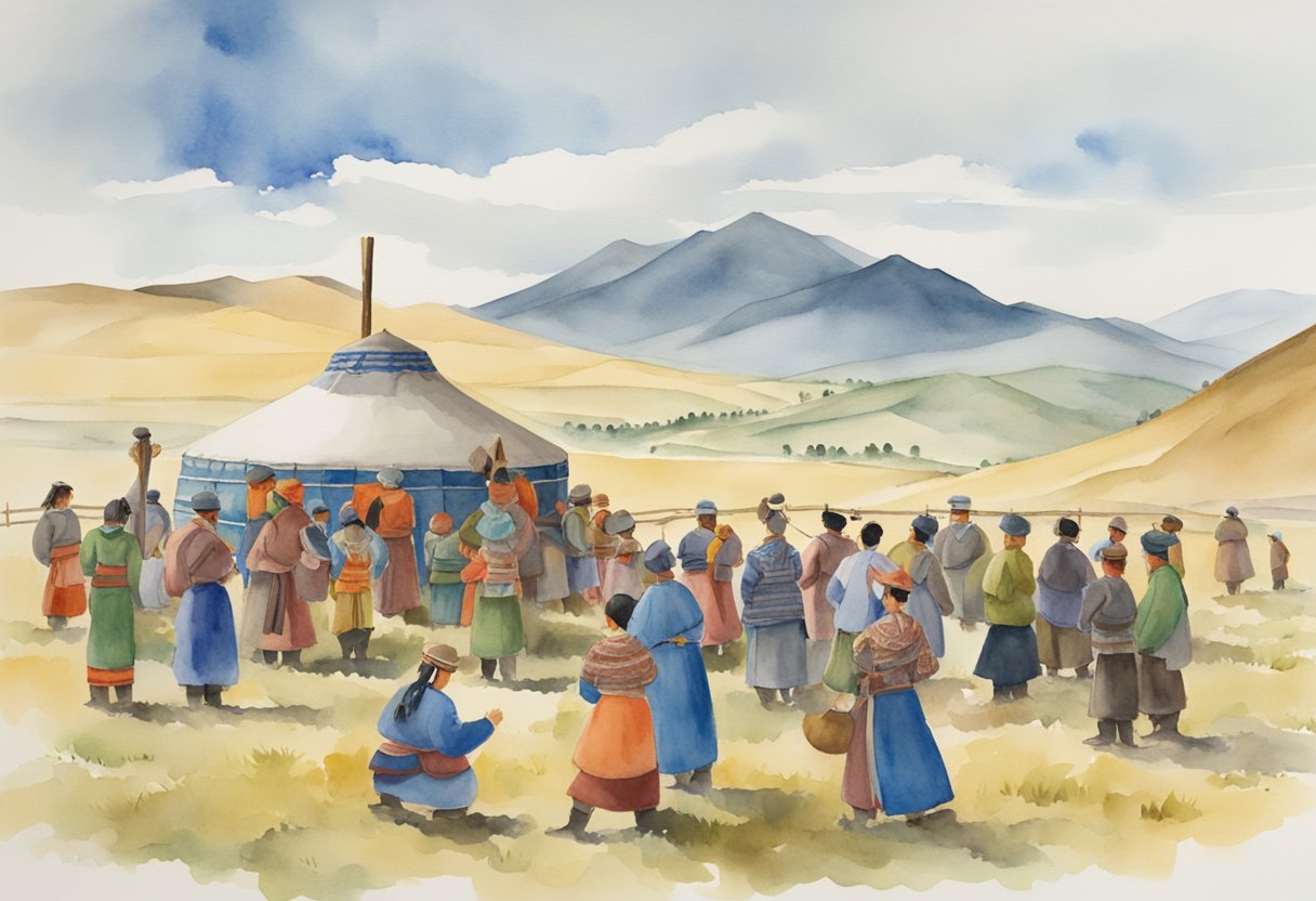 A group of people gathering around a traditional Mongolian ger, with a backdrop of rolling hills and vast open plains. They are engaged in cultural activities such as traditional music, dance, and crafts