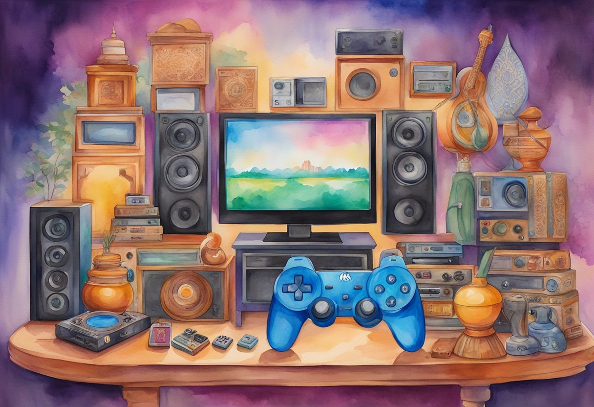 A colorful Bollywood movie poster is surrounded by gaming consoles and traditional Indian artifacts, capturing the diverse hobbies and cultural interests of modern India