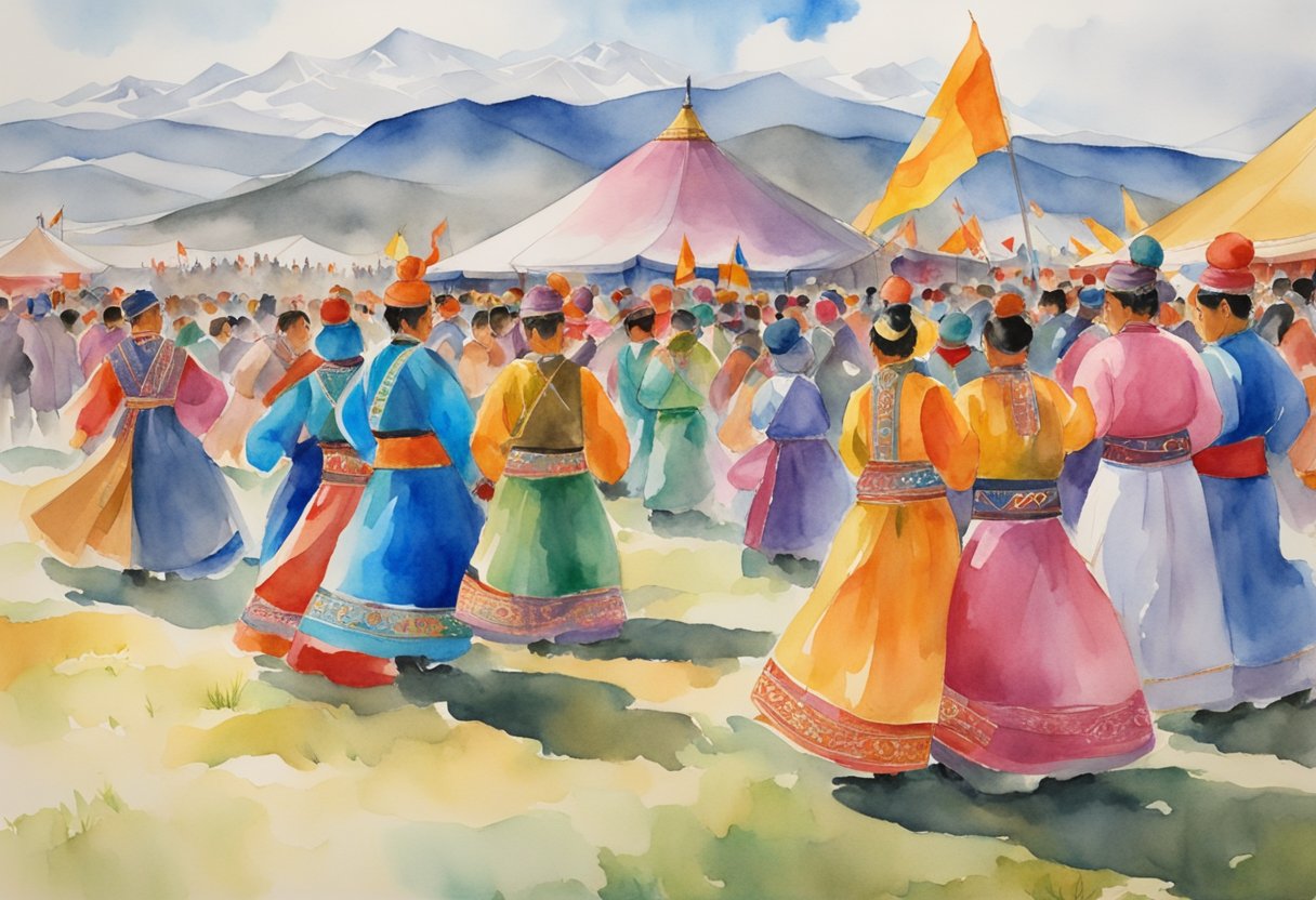 A vibrant festival in Mongolia, with colorful traditional costumes, lively music, and people gathering to celebrate their culture and history