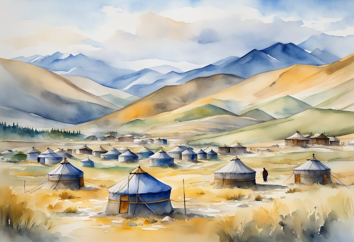 A vibrant Mongolian landscape with traditional yurts, historical landmarks, and cultural artifacts. The scene captures the essence of exploring Mongolia's rich culture and history