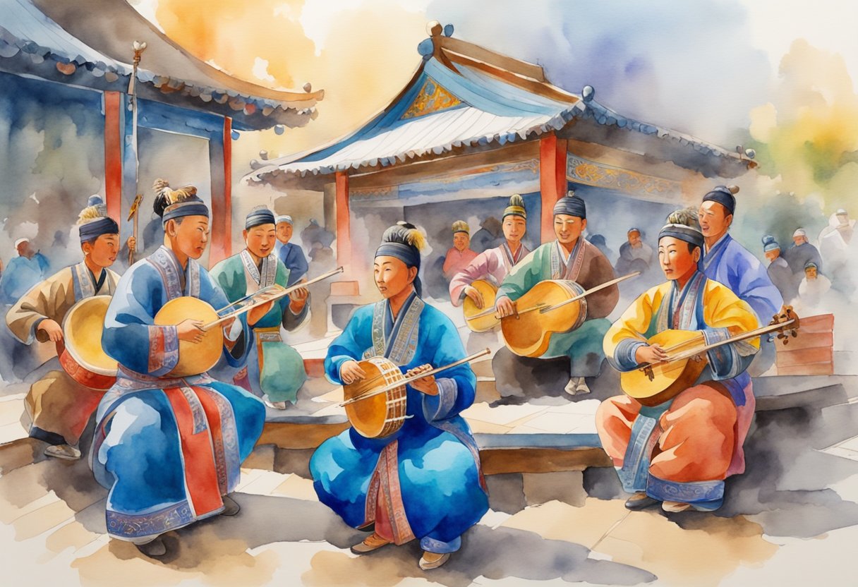 Vibrant Mongolian music instruments and traditional performance arts displayed in a lively cultural setting