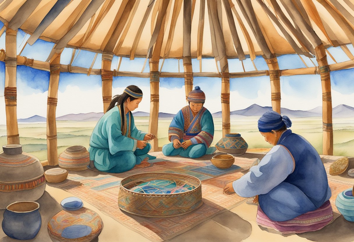 A yurt stands in the vast Mongolian steppe, adorned with intricate traditional crafts. A woman weaves colorful patterns into felt, while a man carves intricate designs into wooden objects. The scene is filled with the cultural significance of traditional crafts in