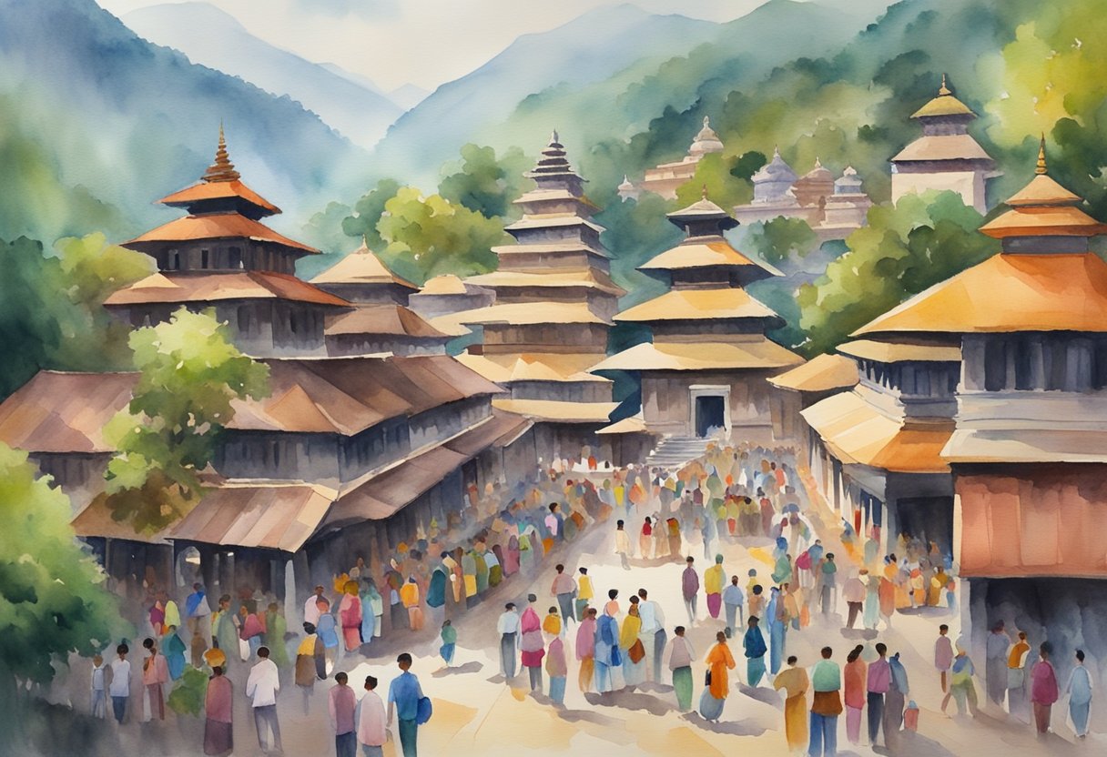 A colorful market bustling with activity, surrounded by ancient temples and lush green mountains, with locals and tourists alike immersing themselves in the rich culture and history of Nepal