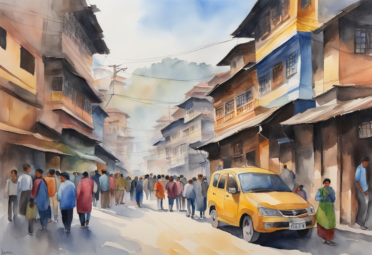 A bustling street in Kathmandu, with colorful murals adorning the walls and locals engaging in traditional arts and crafts. The scene is alive with creativity and cultural exploration