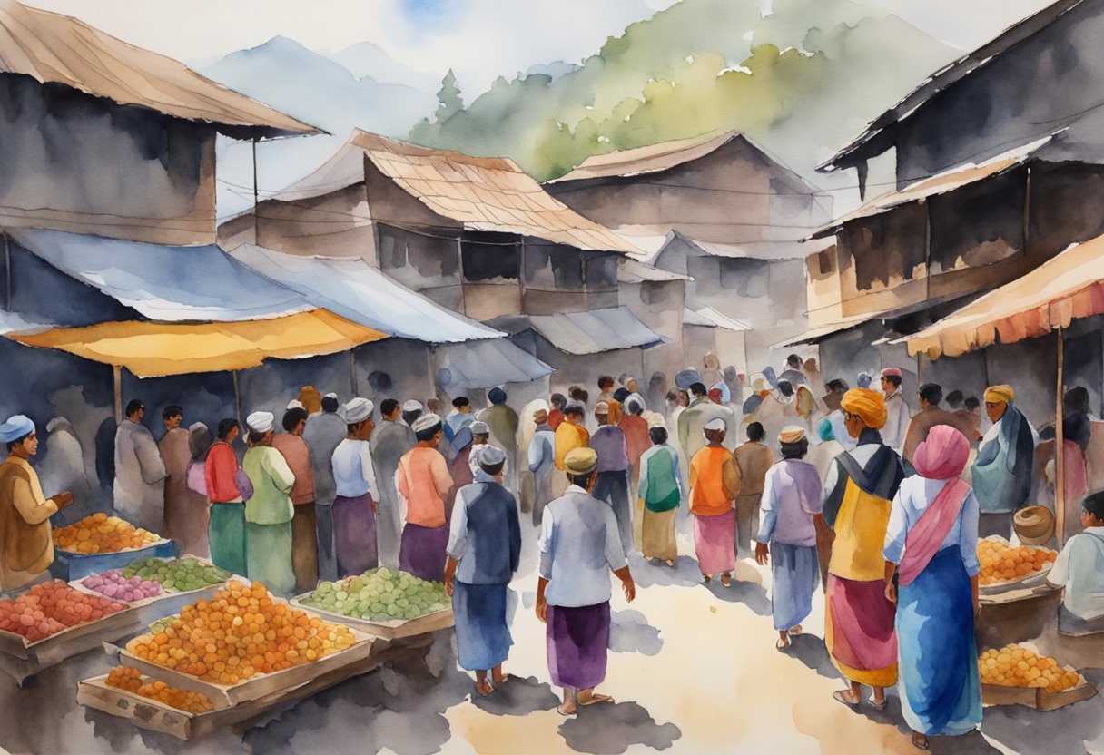 A bustling Nepali market, with colorful textiles and traditional crafts on display. A group of people gather to learn about local history and culture