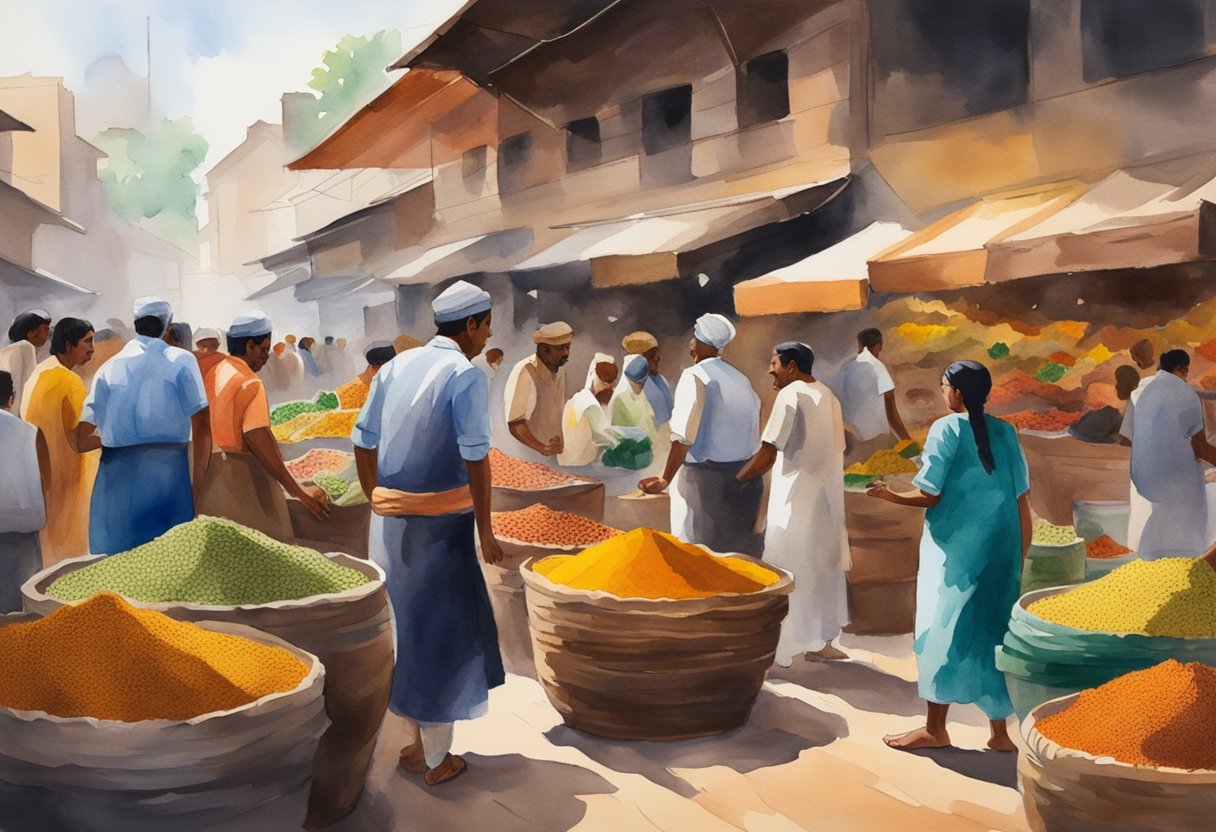 A bustling Indian spice market with vibrant colors and exotic aromas, showcasing an array of spices, herbs, and condiments. Busy vendors interact with curious customers, creating a lively and dynamic atmosphere