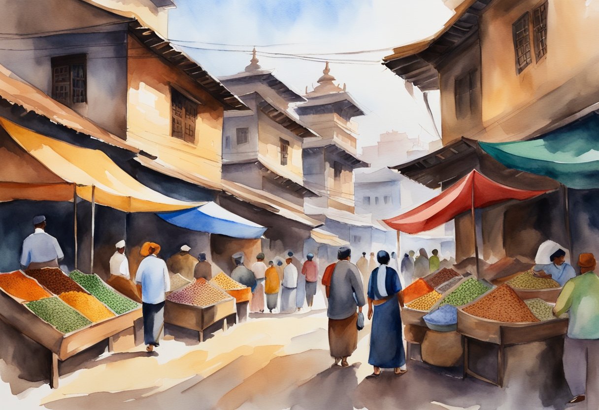 A bustling Nepali marketplace filled with colorful spices, fresh produce, and aromatic street food stalls. A backdrop of historic buildings and traditional architecture adds to the vibrant atmosphere