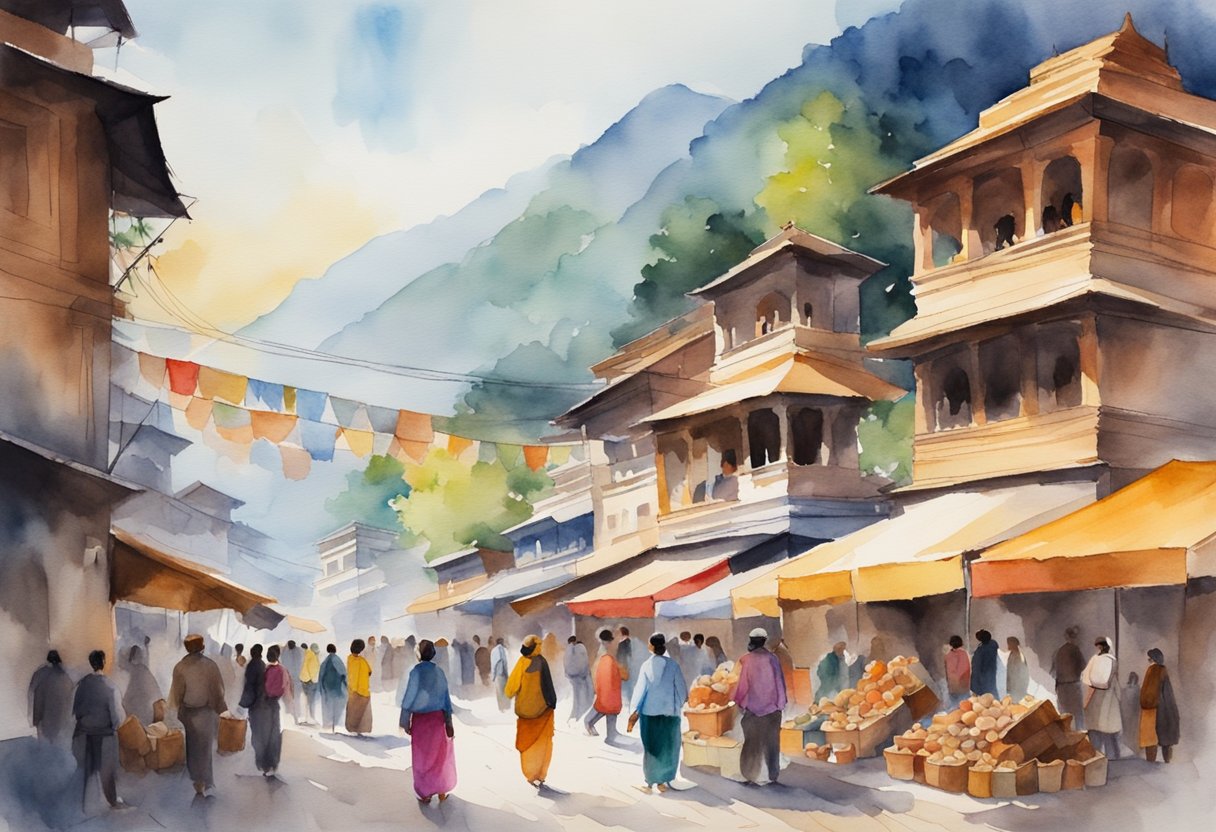 A vibrant marketplace with colorful traditional crafts, historic temples, and people engaging in cultural activities in Nepal