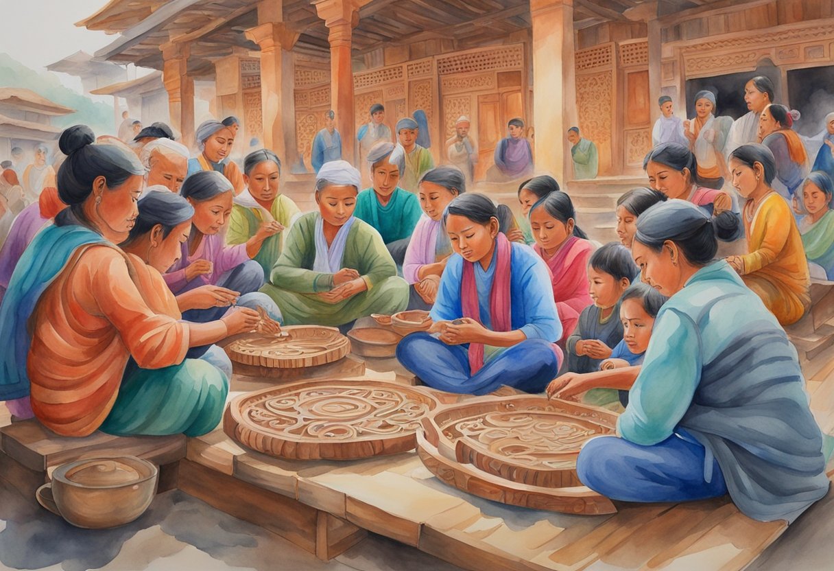 A group of people gather around a traditional Nepali craft, intricately carving designs into wood. Nearby, others are seen practicing traditional dance and music. The scene is filled with vibrant colors and lively energy