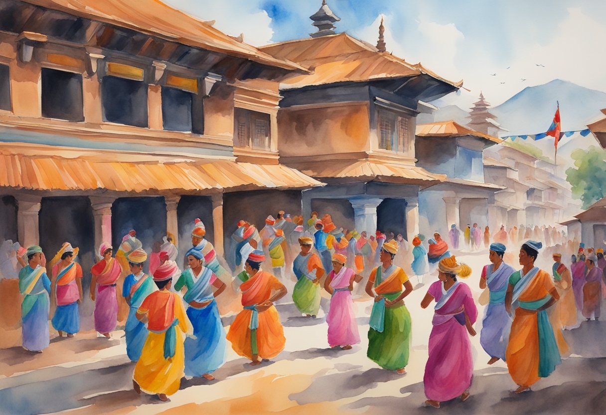 A colorful Nepali festival, with traditional music, dance, and vibrant clothing. Historical architecture and intricate artwork adorn the surroundings. Rich cultural symbols and artifacts are on display