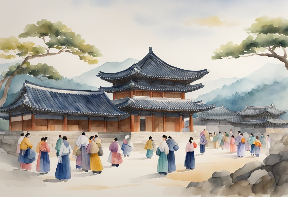 A group of people exploring traditional Korean architecture and historical sites, while others are participating in cultural activities such as traditional music and dance