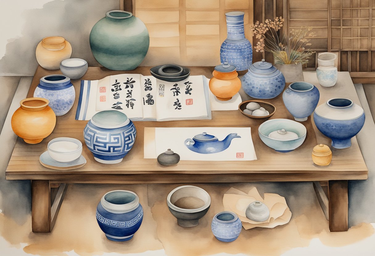 A group of traditional Korean crafts and hobbies, such as calligraphy, pottery, and paper folding, are displayed on a wooden table with a backdrop of Korean cultural symbols and historical artifacts