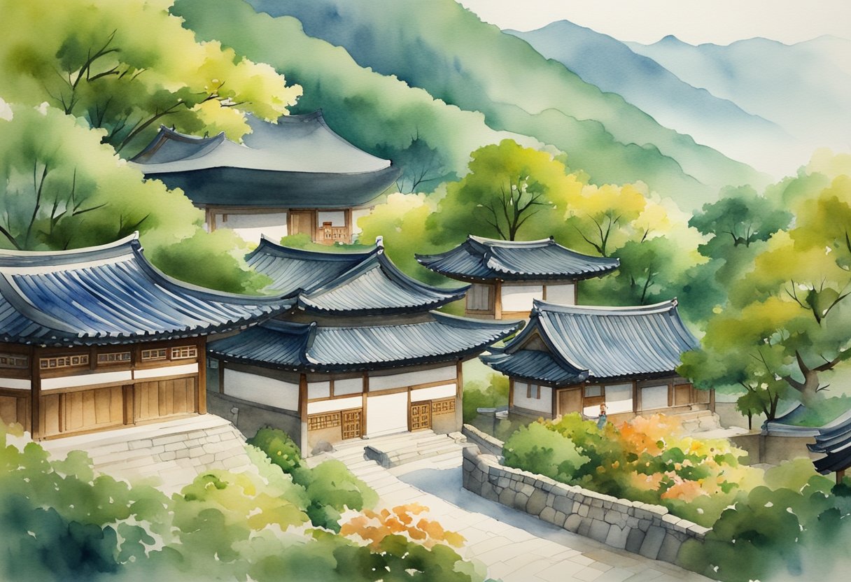 A traditional Korean hanok house surrounded by lush green mountains and colorful temples, with people engaging in cultural activities like calligraphy and traditional dance