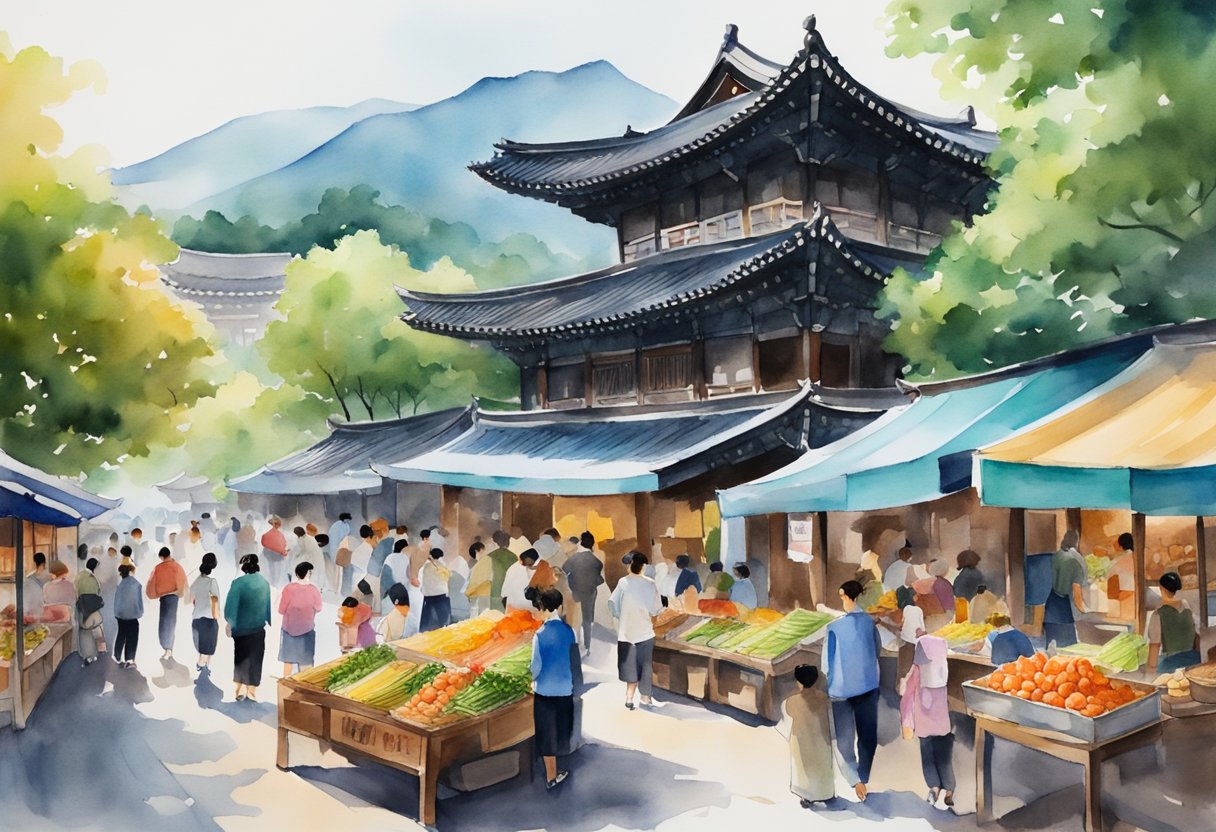 A bustling street market in South Korea, filled with traditional crafts and delicious street food. A historic temple stands in the background, surrounded by lush greenery. Tourists and locals mingle, immersing themselves in the vibrant culture and history of the country