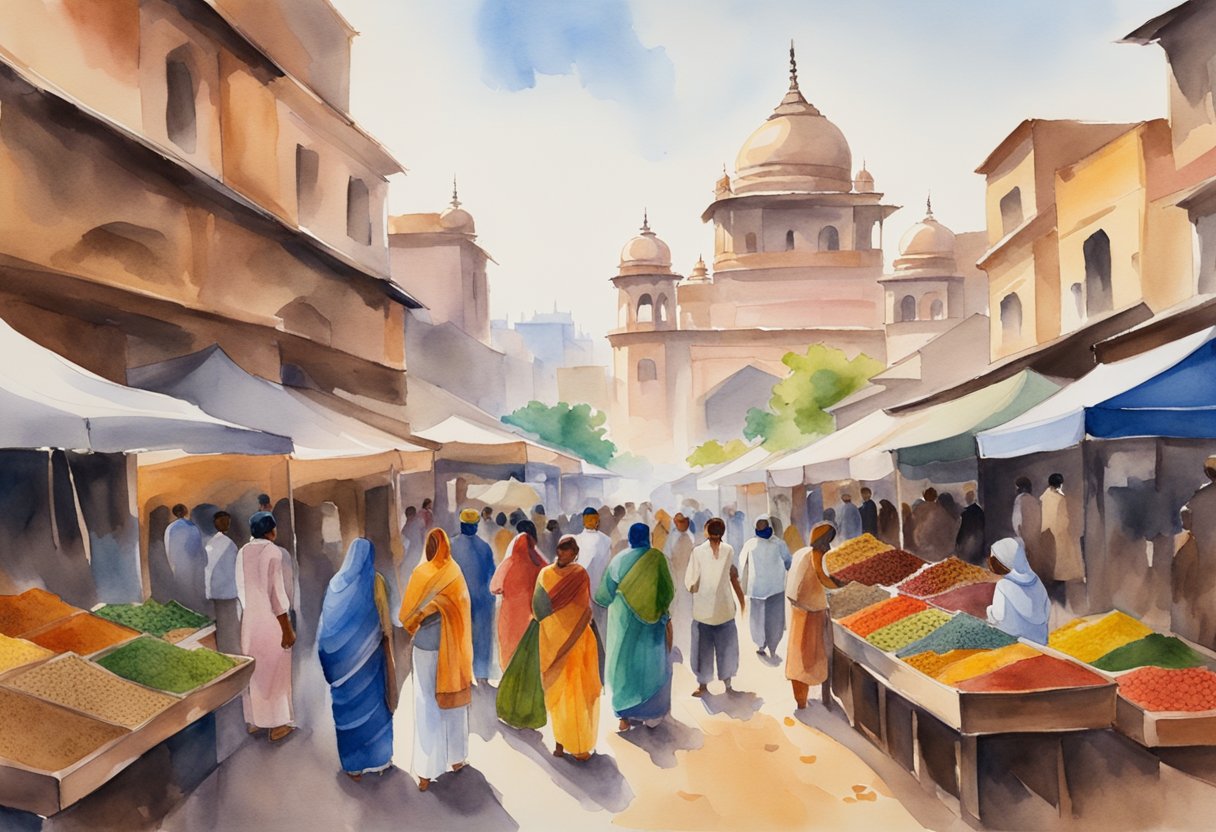 Vibrant Indian market with colorful textiles, spices, and traditional crafts. A historic monument stands in the background, surrounded by bustling activity