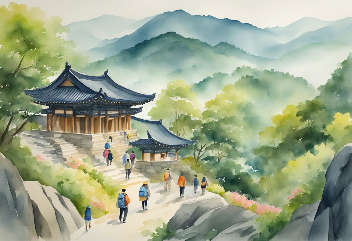 People hiking in lush mountains, visiting ancient temples, and practicing traditional crafts in South Korea