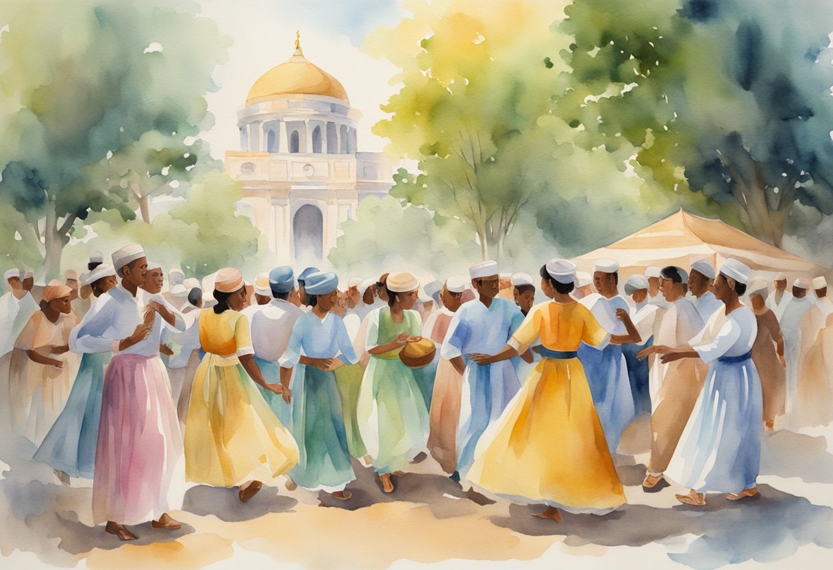 A group of people engaging in cultural activities like traditional dance, visiting historical landmarks, and participating in community events