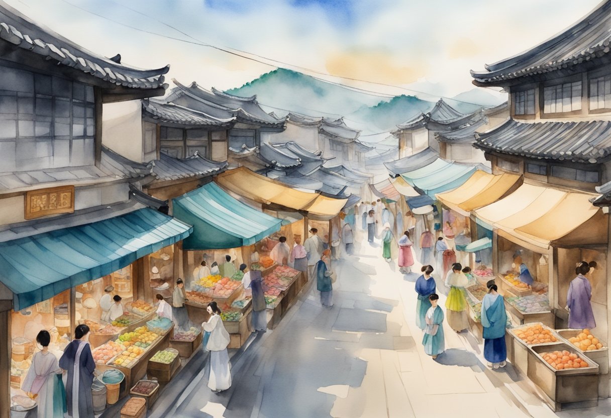 A bustling South Korean street market, with traditional hanbok clothing shops, historical landmarks, and modern cafes