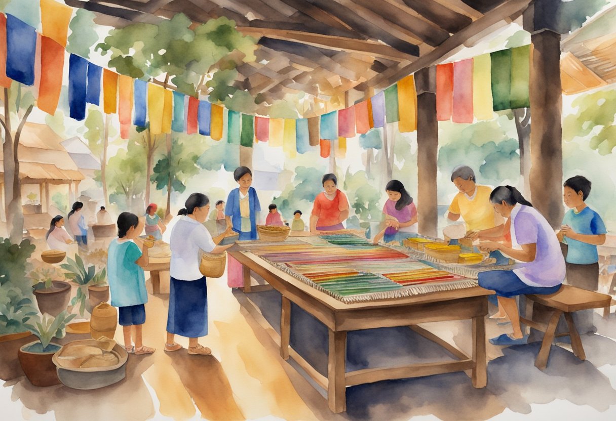 A colorful tapestry of traditional Filipino crafts and historical artifacts displayed in a museum setting, with people engaged in various cultural and historical activities