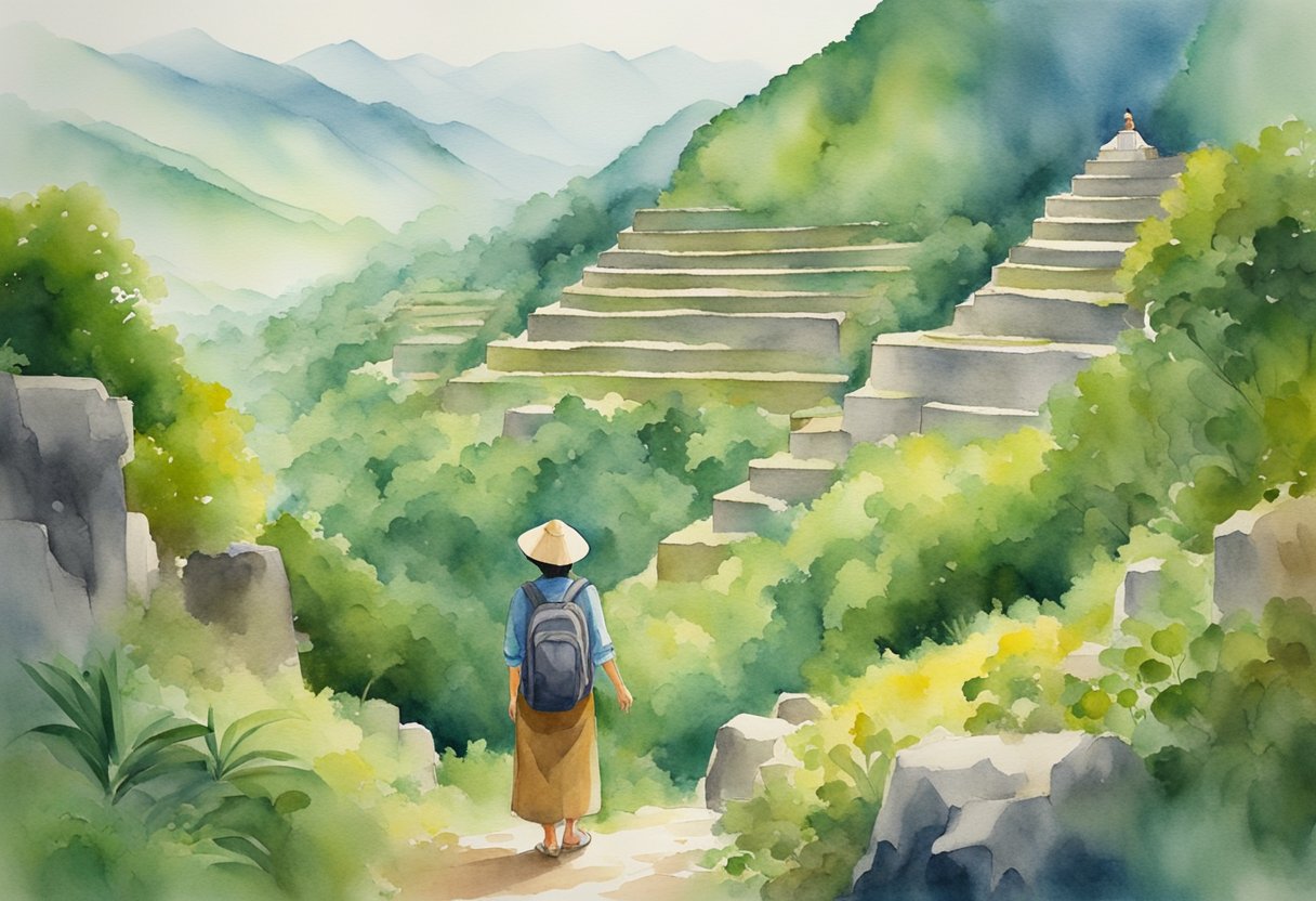 A traveler stands among lush green mountains, gazing at ancient ruins and vibrant markets, capturing the essence of Filipino culture and history