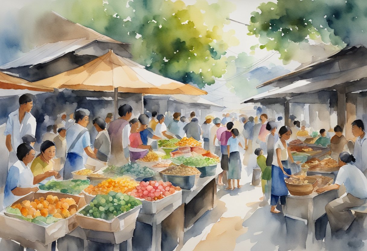 A bustling Filipino market with colorful food stalls and groups of people enjoying meals and conversation