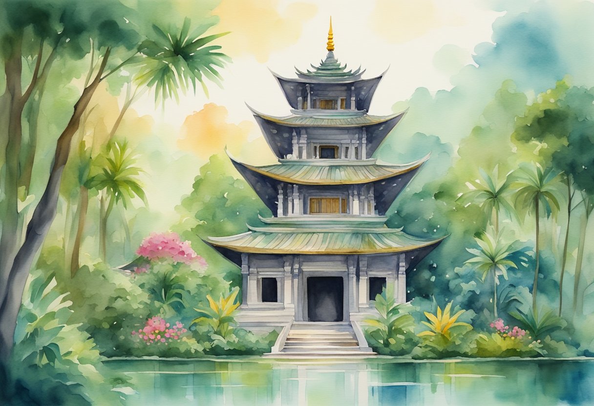 A serene Malaysian temple surrounded by lush greenery, with intricate architecture and colorful decorations, exuding a sense of peace and spirituality