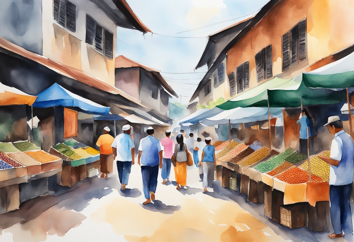 A vibrant market with traditional crafts, colorful textiles, and historical artifacts. Visitors engage in cultural activities and explore Malaysia's rich heritage