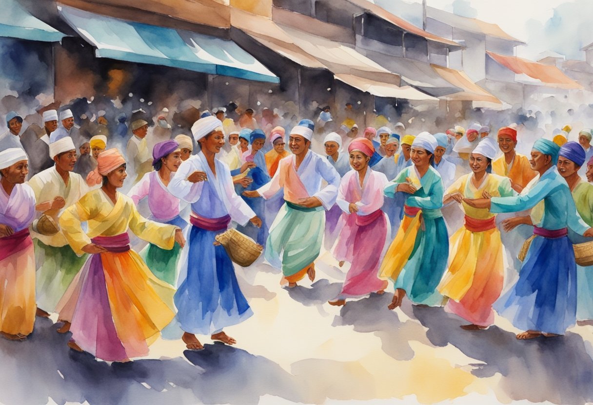 Vibrant traditional arts and performances fill a bustling Malaysian market square, with colorful costumes and lively music captivating the crowd