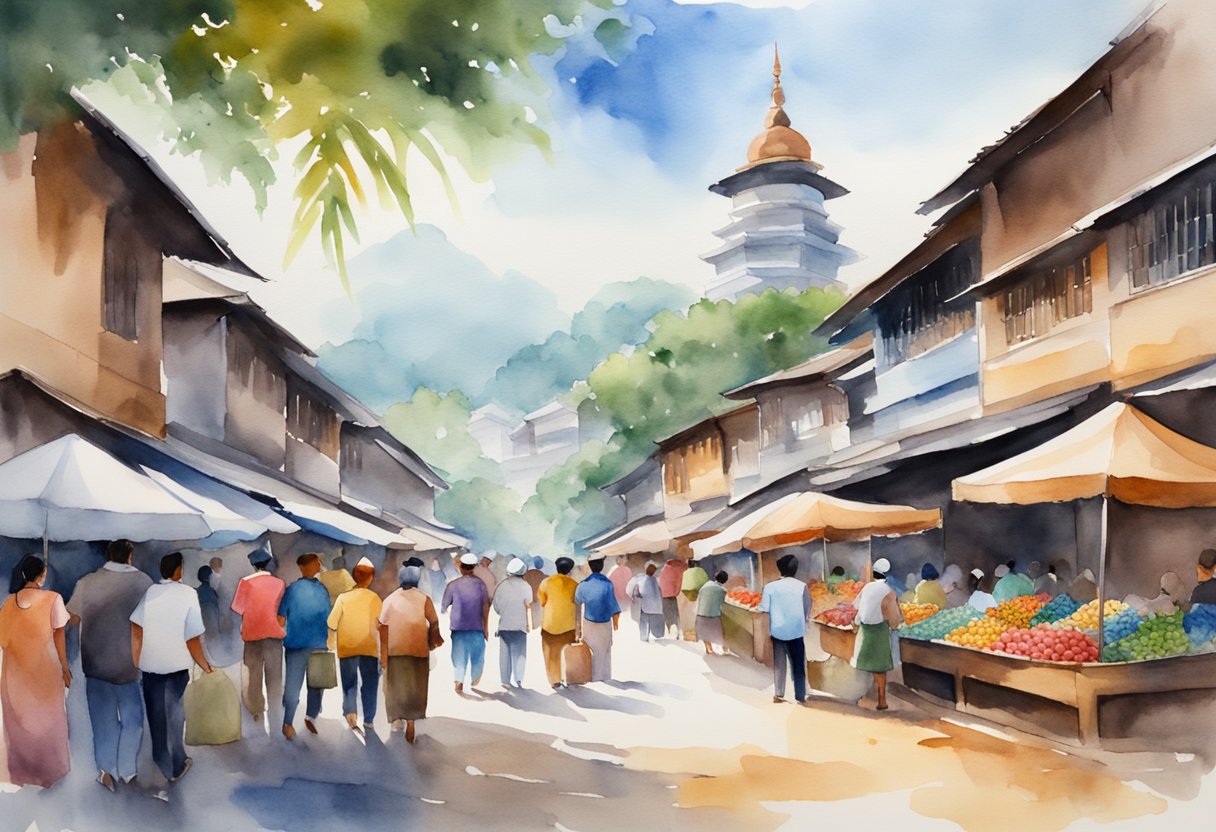 A bustling Malaysian market with vibrant colors, traditional crafts, and historical landmarks. People engaging in cultural activities and exploring the rich history of the region