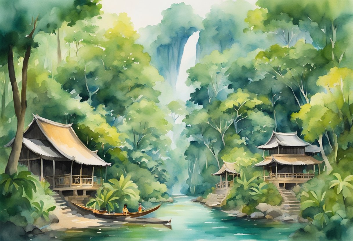 Lush rainforest with winding trails, ancient temples, and vibrant markets. Canoe gliding through mangrove forests, hikers admiring waterfalls, and locals sharing traditional crafts