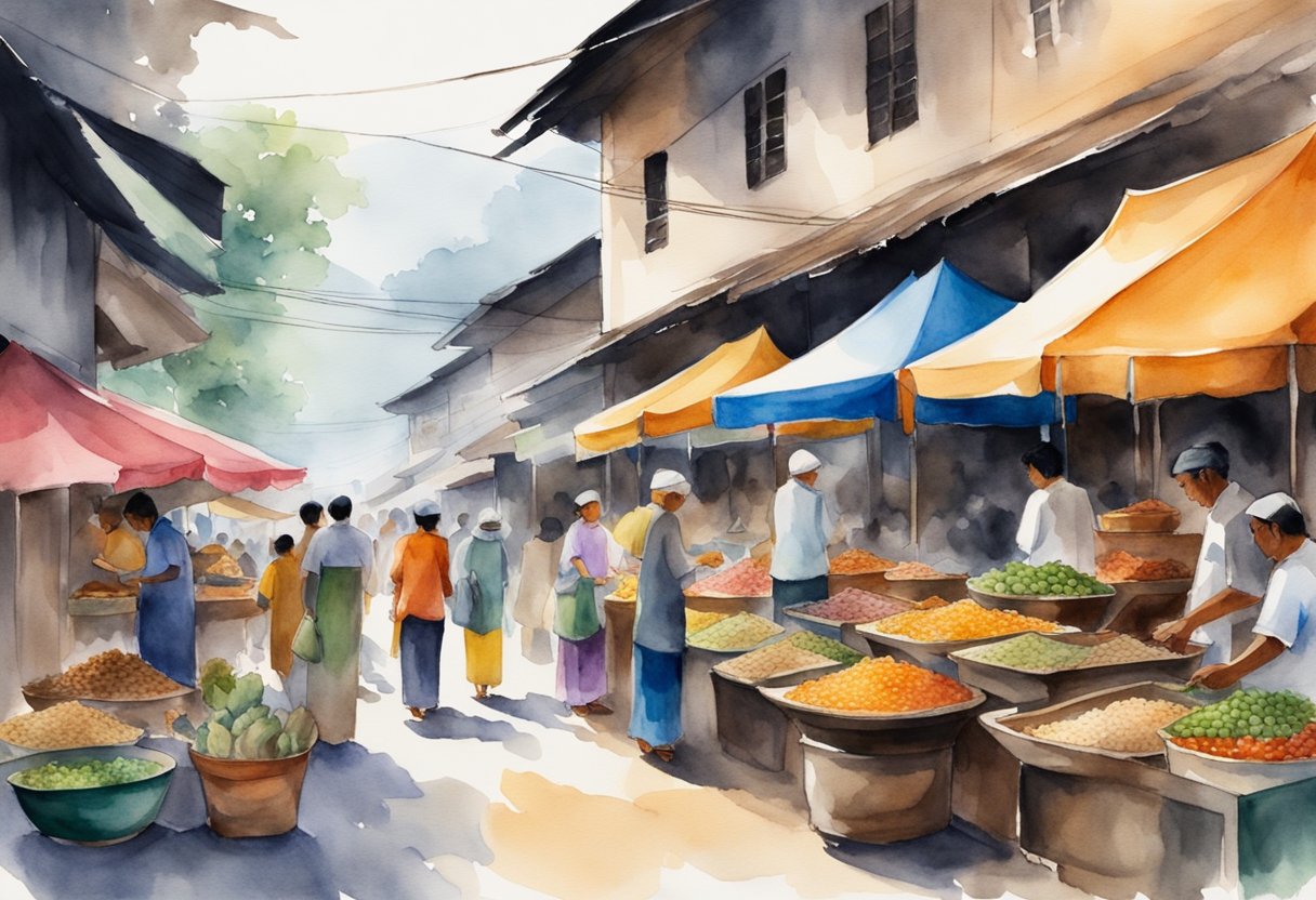 A bustling Malaysian street market, with colorful stalls selling traditional crafts and local delicacies. A group of tourists eagerly immersing themselves in the rich cultural and historical experiences