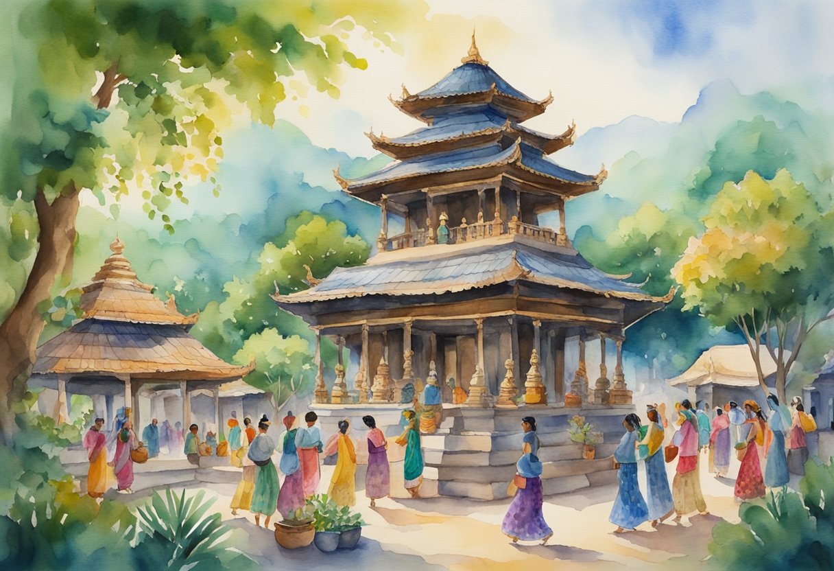 A vibrant marketplace with traditional crafts, colorful batik fabrics, and ornate puppets. A historical temple surrounded by lush greenery and intricate carvings. A group of people dancing to traditional music