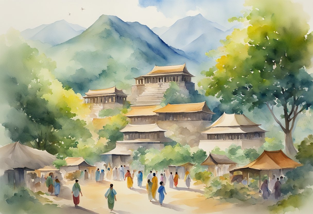 A group of people trekking through lush mountains, with ancient temples and colorful markets in the background. A cricket match being played in a nearby field