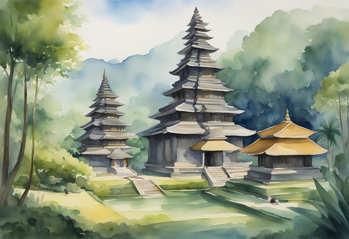 A serene Indonesian landscape with traditional temples, lush greenery, and people practicing yoga and meditation