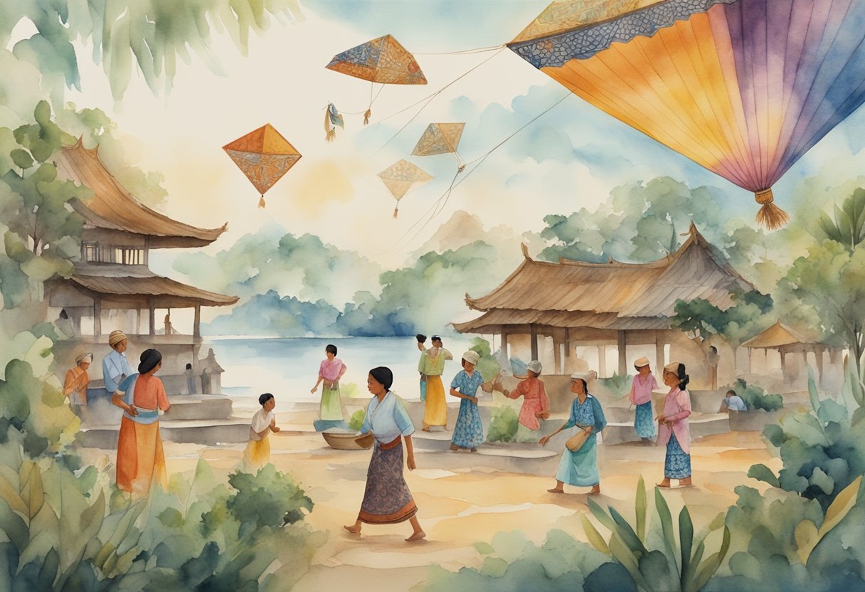 A group of people engaging in traditional Indonesian hobbies, such as batik making, kite flying, and traditional dance, surrounded by historical artifacts and cultural symbols