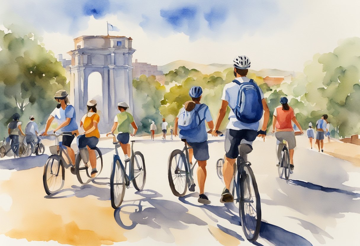 A group of people in Uruguay engage in various outdoor activities such as hiking, cycling, and playing sports, surrounded by cultural and historical landmarks