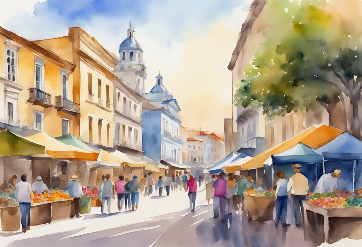 A colorful street market with historic buildings in the background, surrounded by locals and tourists exploring cultural and historical landmarks in Uruguay