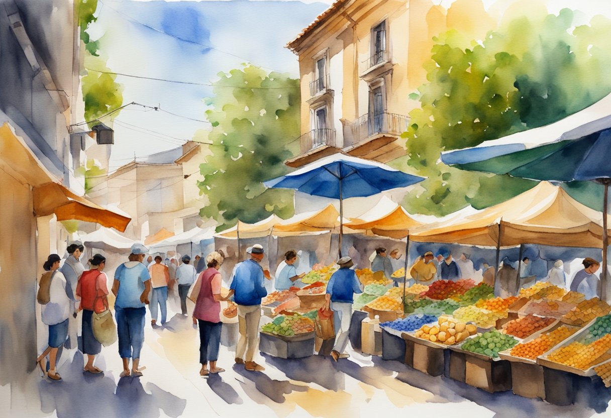 A bustling street market in Uruguay, with colorful displays of traditional crafts, historical artifacts, and local cuisine. People engage in lively conversations, immersing themselves in the rich culture and history of the country