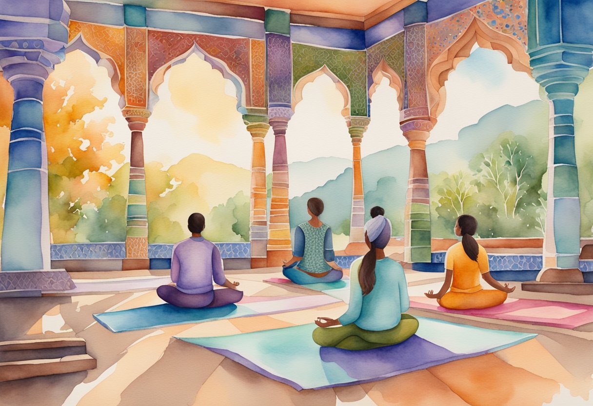 A group of people practicing yoga and meditation in a traditional Indian setting, surrounded by vibrant colors and intricate patterns