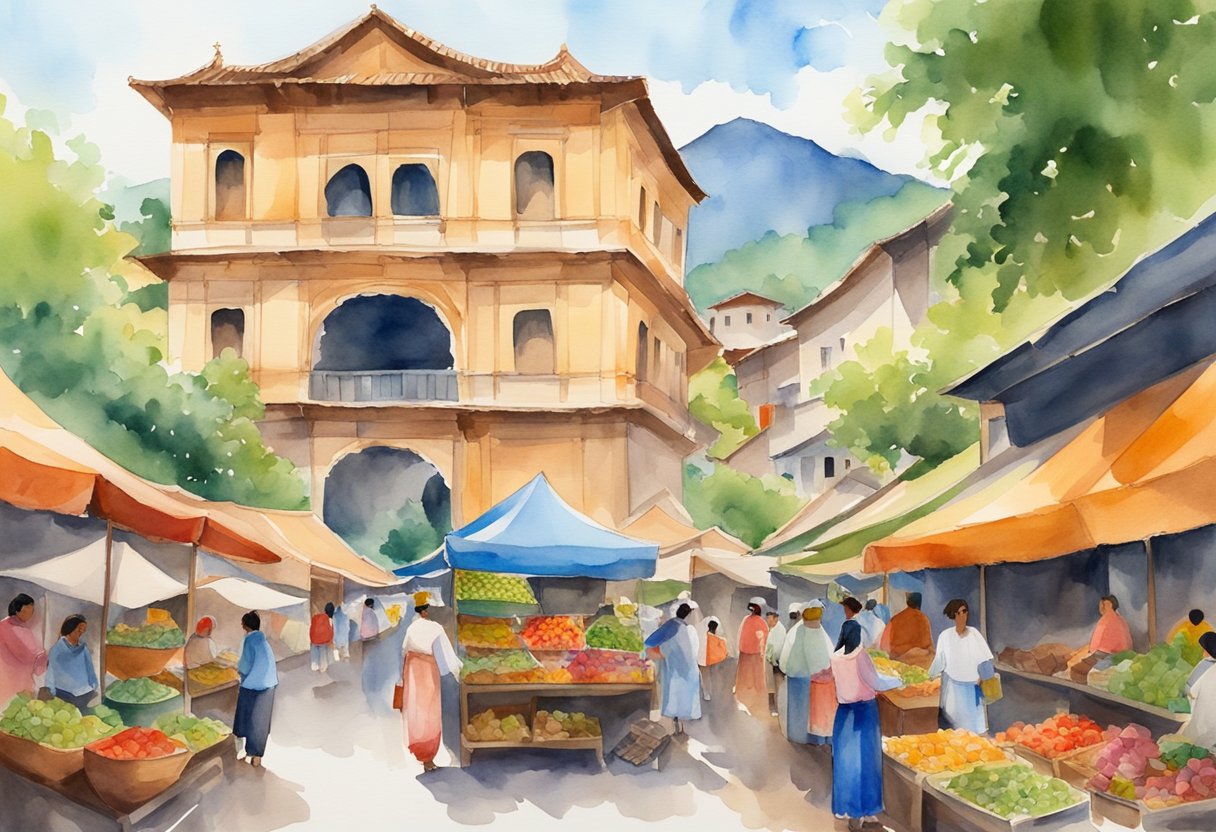 A vibrant street market with traditional crafts, colorful textiles, and lively music, set against a backdrop of historic buildings and lush green mountains