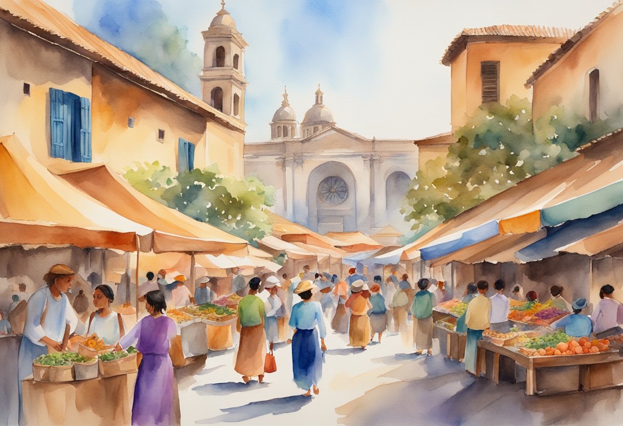 A colorful marketplace bustling with traditional music, dance, and artisan crafts, set against a backdrop of historic architecture and vibrant landscapes