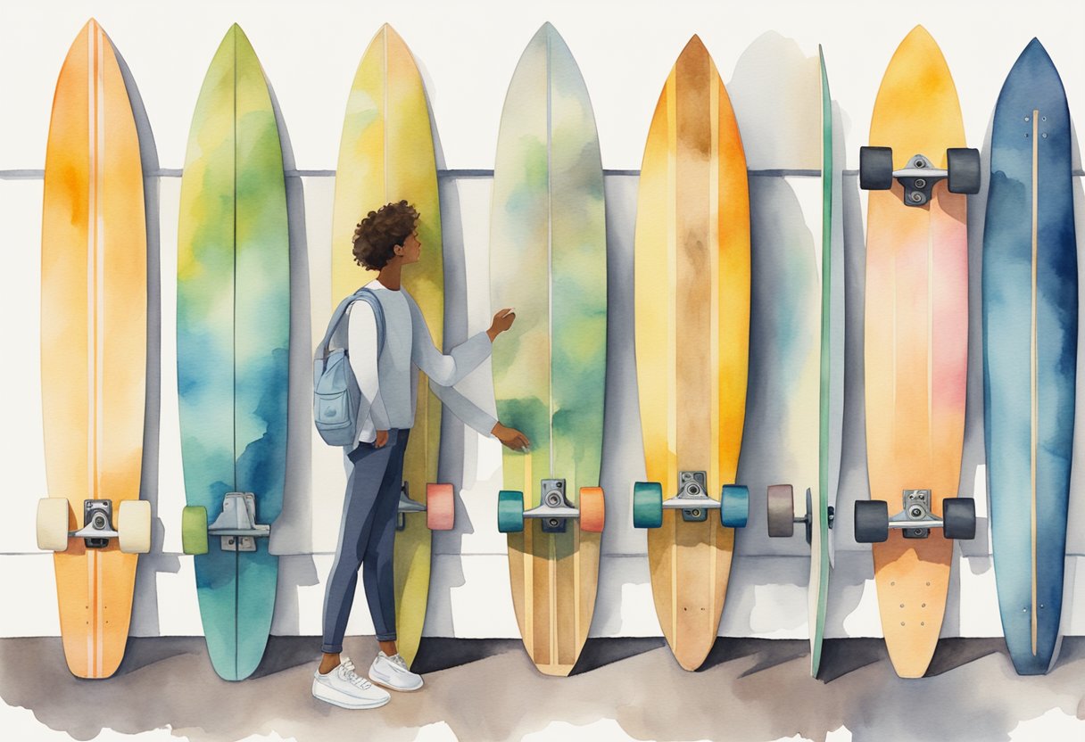 A person standing next to a display of various longboards, with a guidebook open and pointing to different features