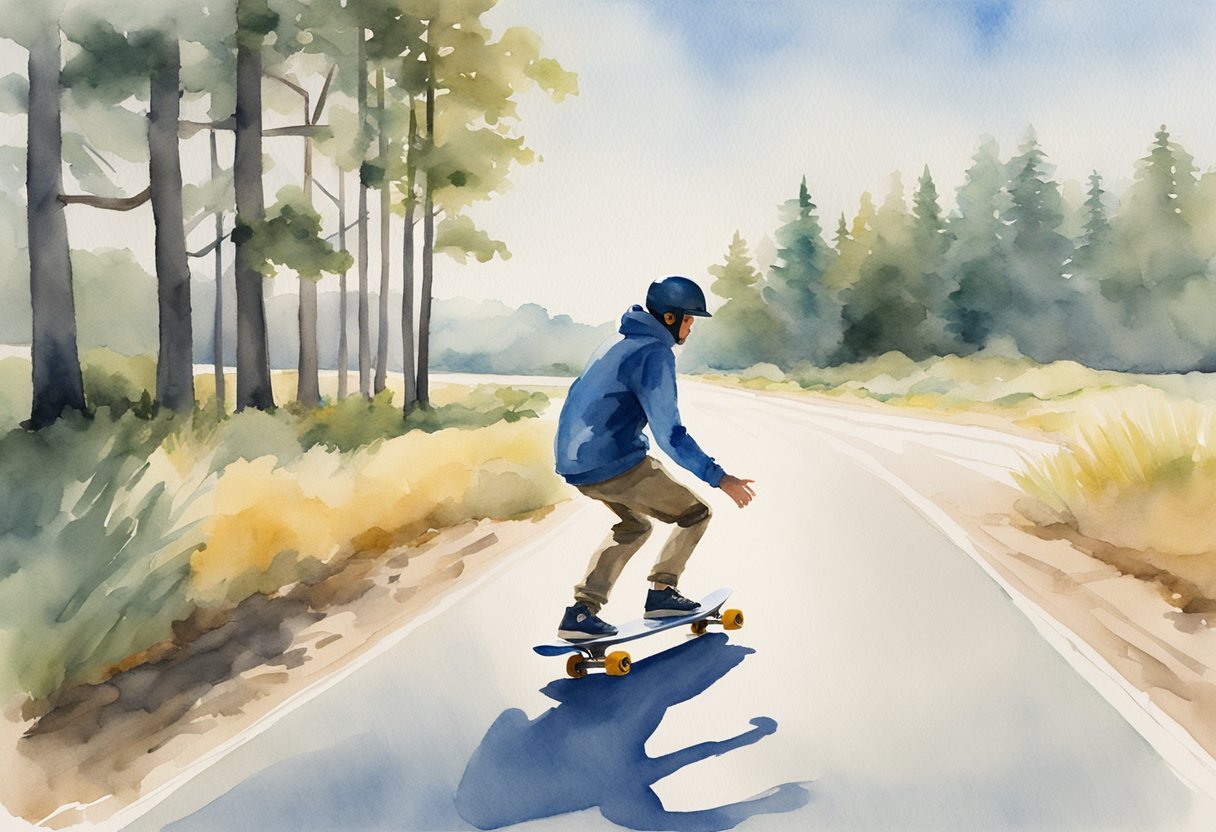 A beginner longboarder confidently carves down a smooth, winding road, using proper stance and technique. The sun sets behind the mountains, casting a warm glow over the scene