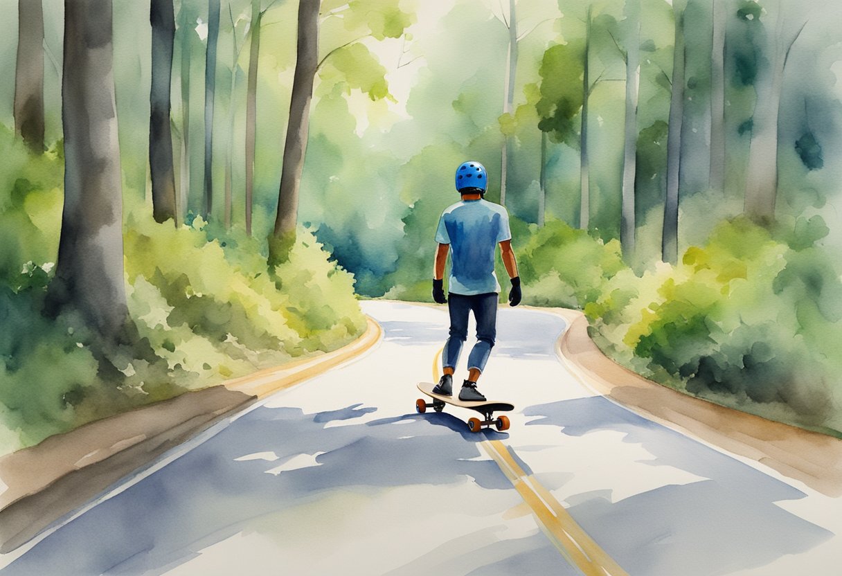 A longboarder wearing a helmet, knee pads, and gloves stands ready with their board on a smooth, winding road surrounded by lush green trees