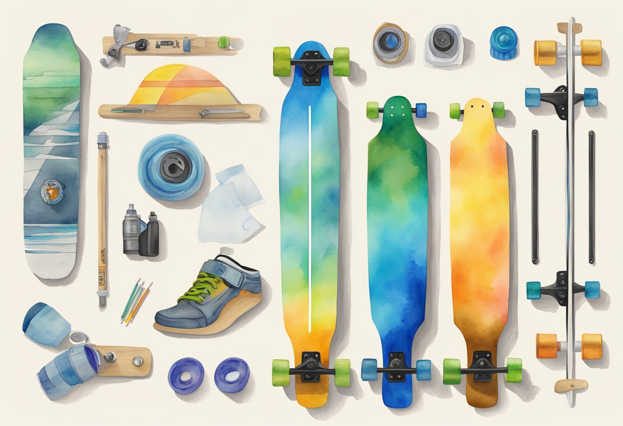 A beginner's guide to longboarding displayed with various equipment, safety gear, and instructional visuals