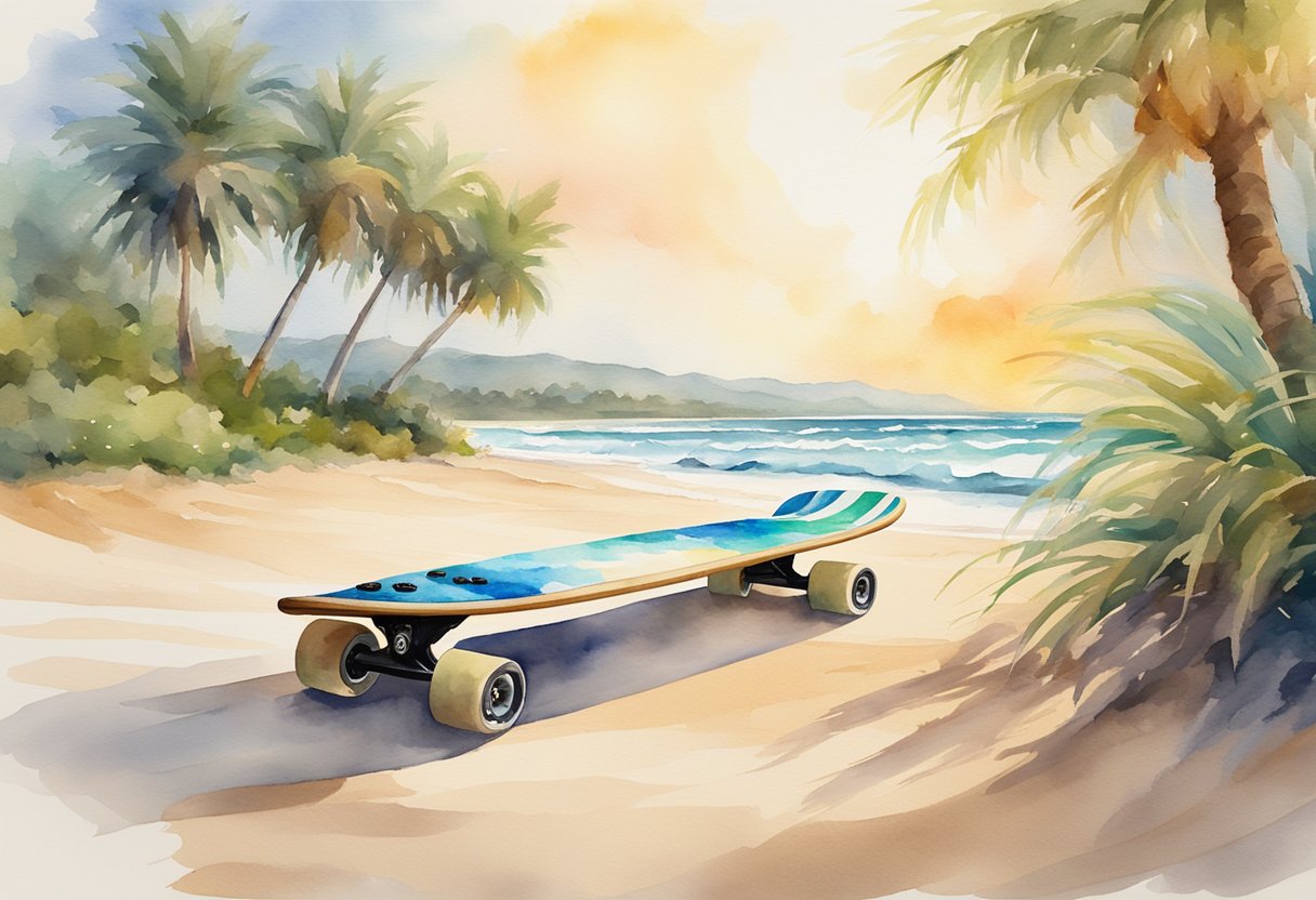 A longboard rests against a palm tree on a sunny beach, with waves crashing in the background