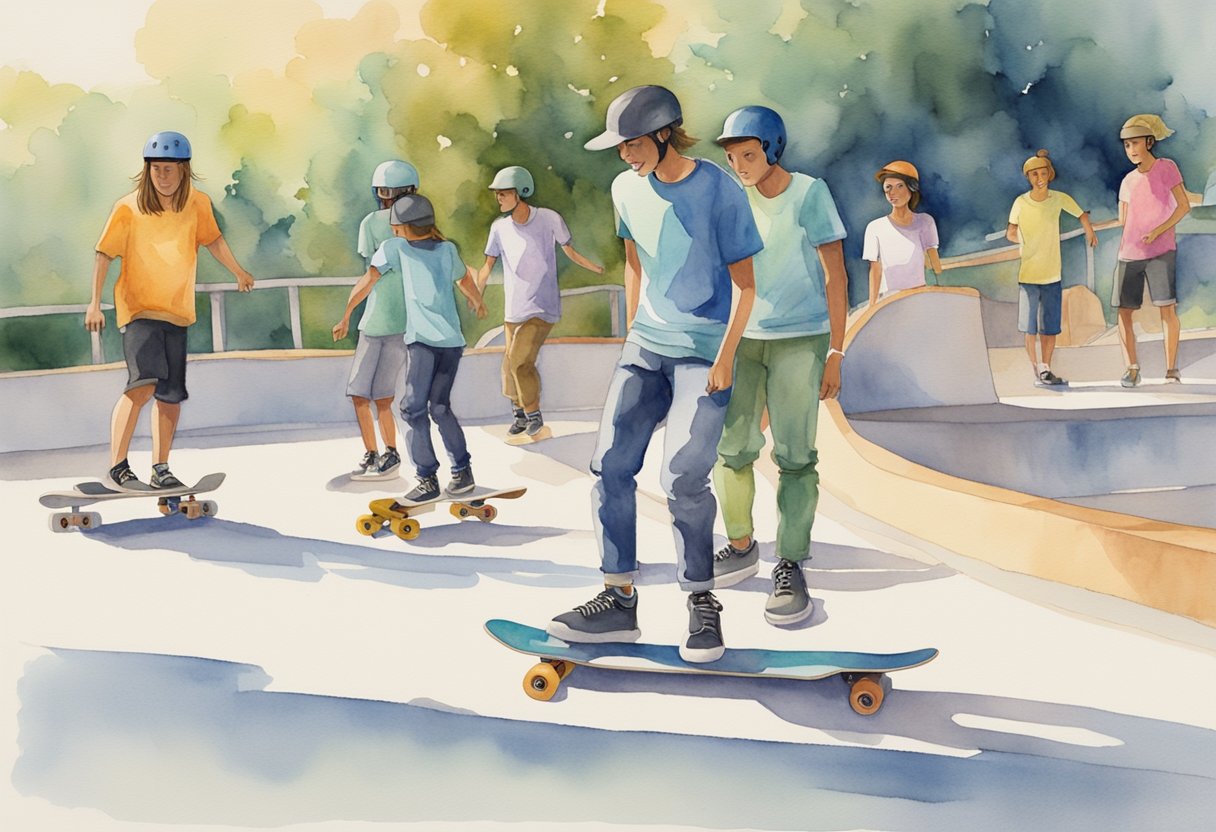 A group of longboarders gather at a skate park, exchanging tips and tricks while enjoying the thrill of cruising and carving on their boards