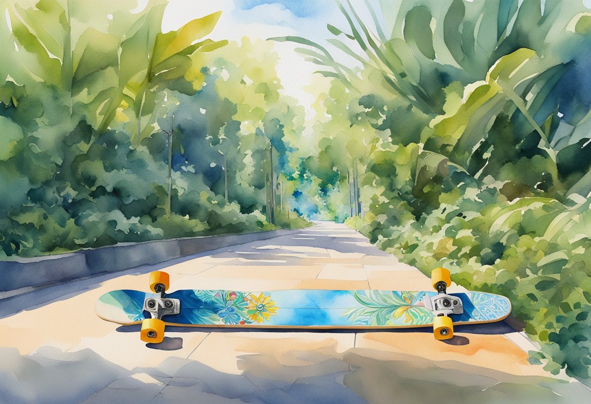 A longboard rests on a sunlit sidewalk, surrounded by lush greenery and a clear blue sky. The board is adorned with colorful designs, and a pair of protective gloves lay nearby